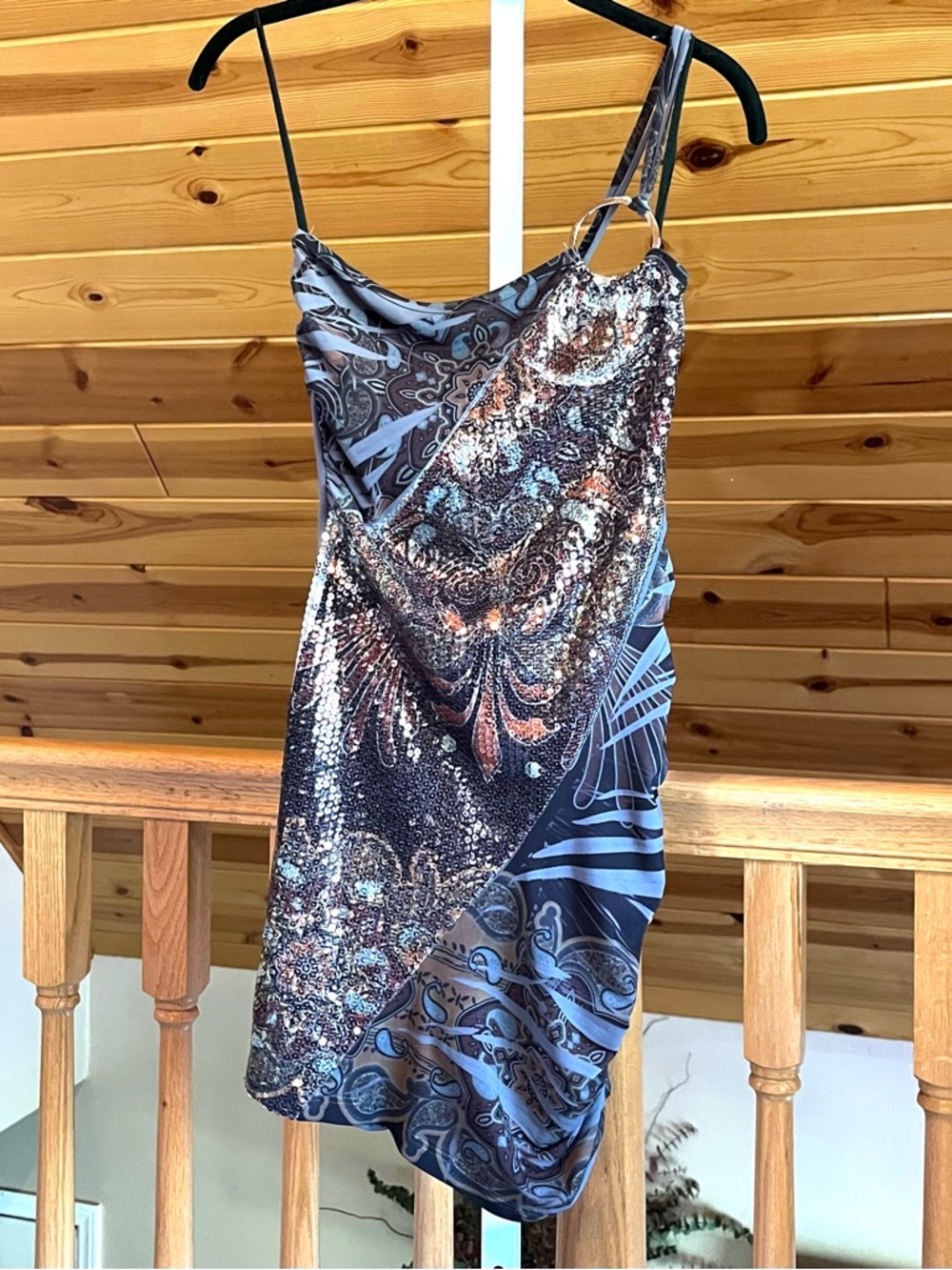 Y2K Vtg Sequined Paisley One Shoulder Gray Bodycon Mini Dress Ruched Back Size M